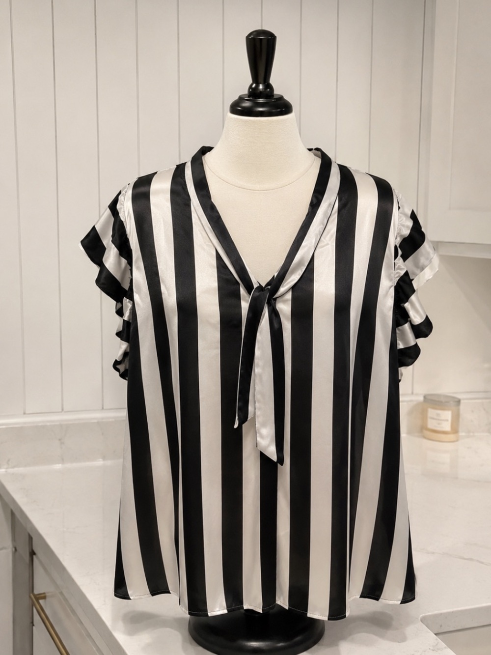 Plus size Satin Black and White Vertical Stripe Tie-Neck Top